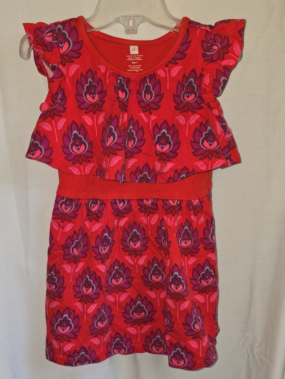Tea Collection Red Floral Ruffle Dress with Purple Accents